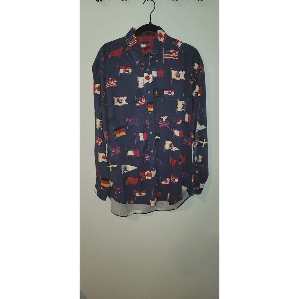 Tommy Hilfiger Mens M All Over Flag Print Button-Down Shirt VTG 90s Long Sleeve